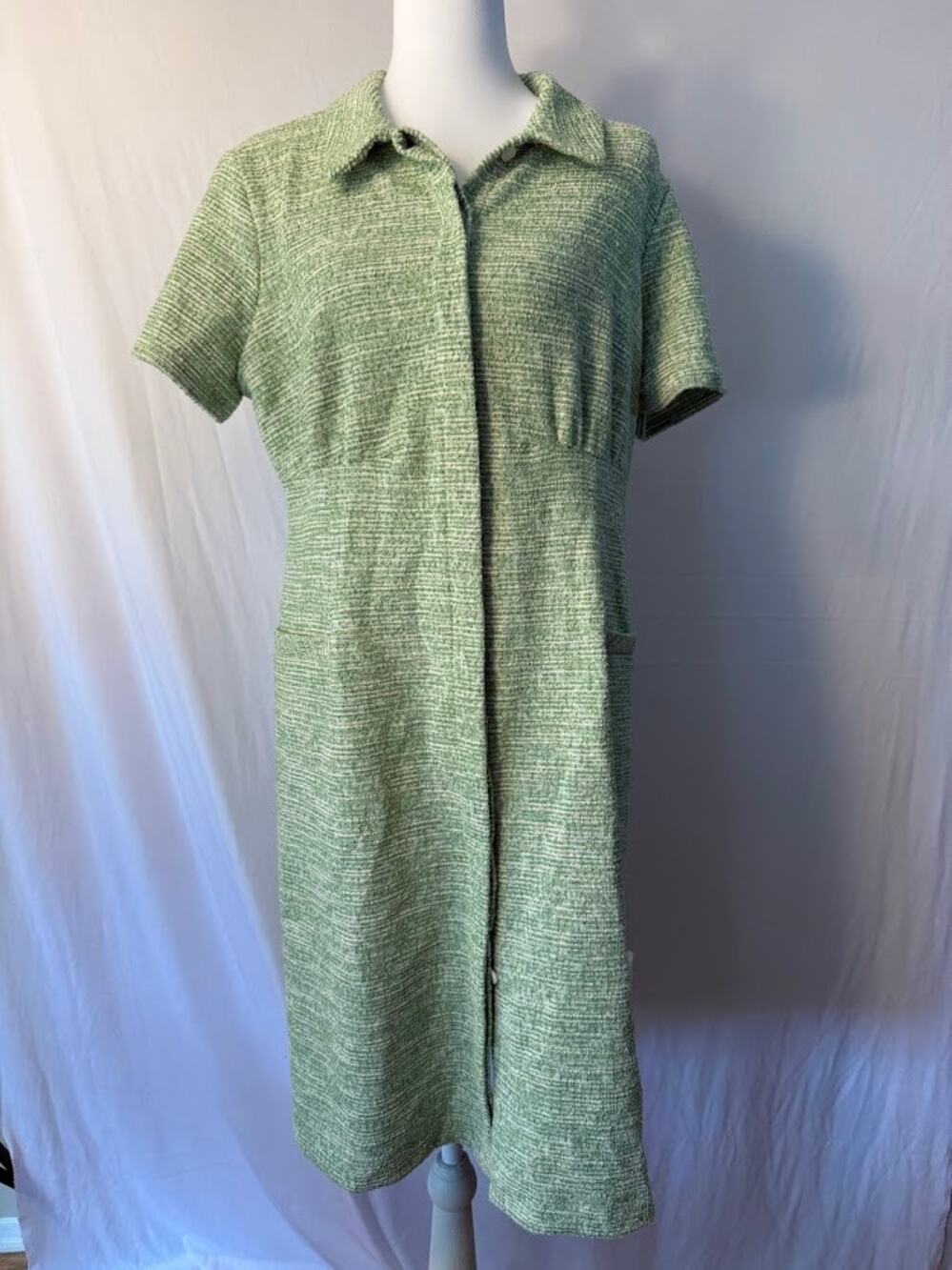 Calvin Klein Tweed Dress Collared Shirtdress Green White Button Front 10